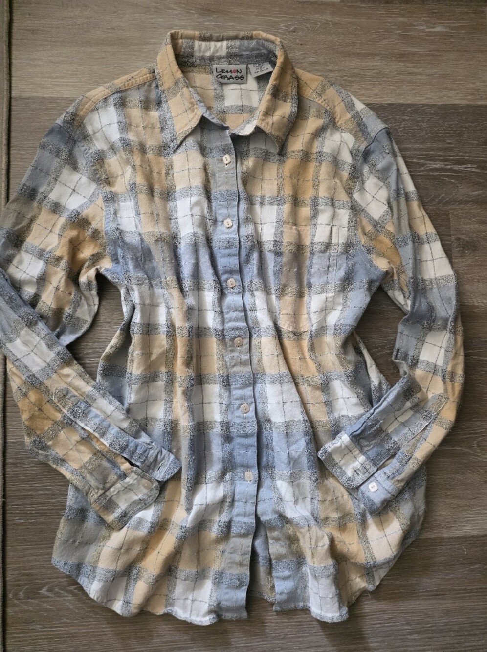 Lemon Grass Women's Button-Down Plaid Shirt in Blue and Tan